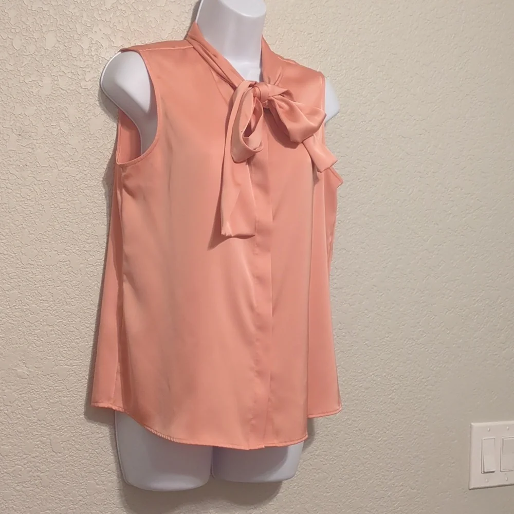 Donna Karan peach satin sleeveless tie neck detail hidden button down blouse - Picture 12 of 14
